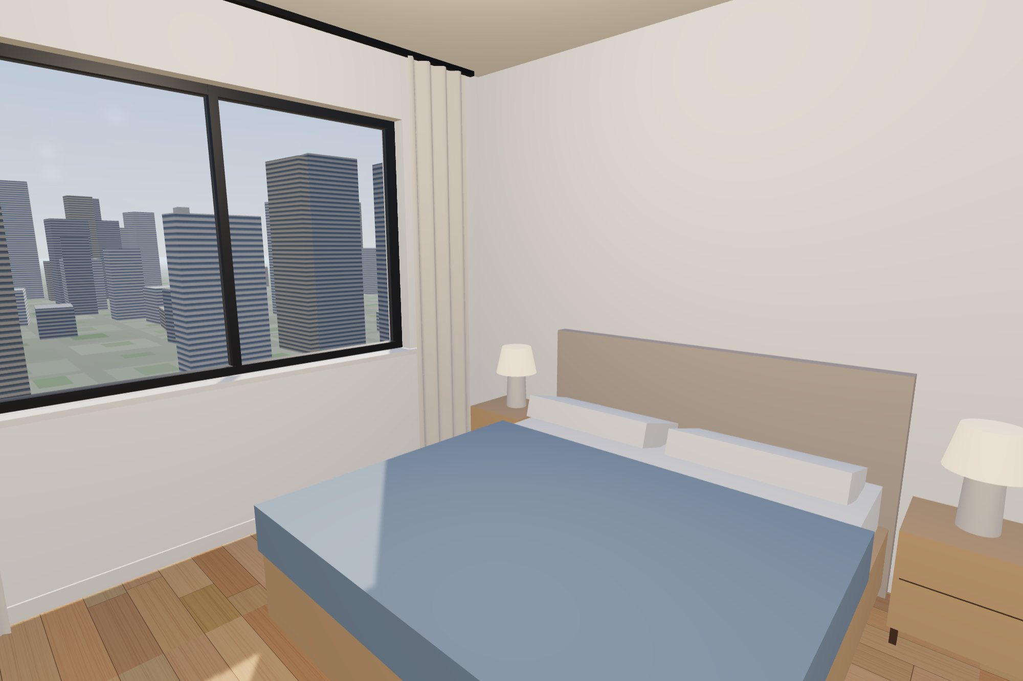 The main bedroom: a king bed with a pale headboard, bedside tables with lamps, and a window with linen curtains looking out over the city.