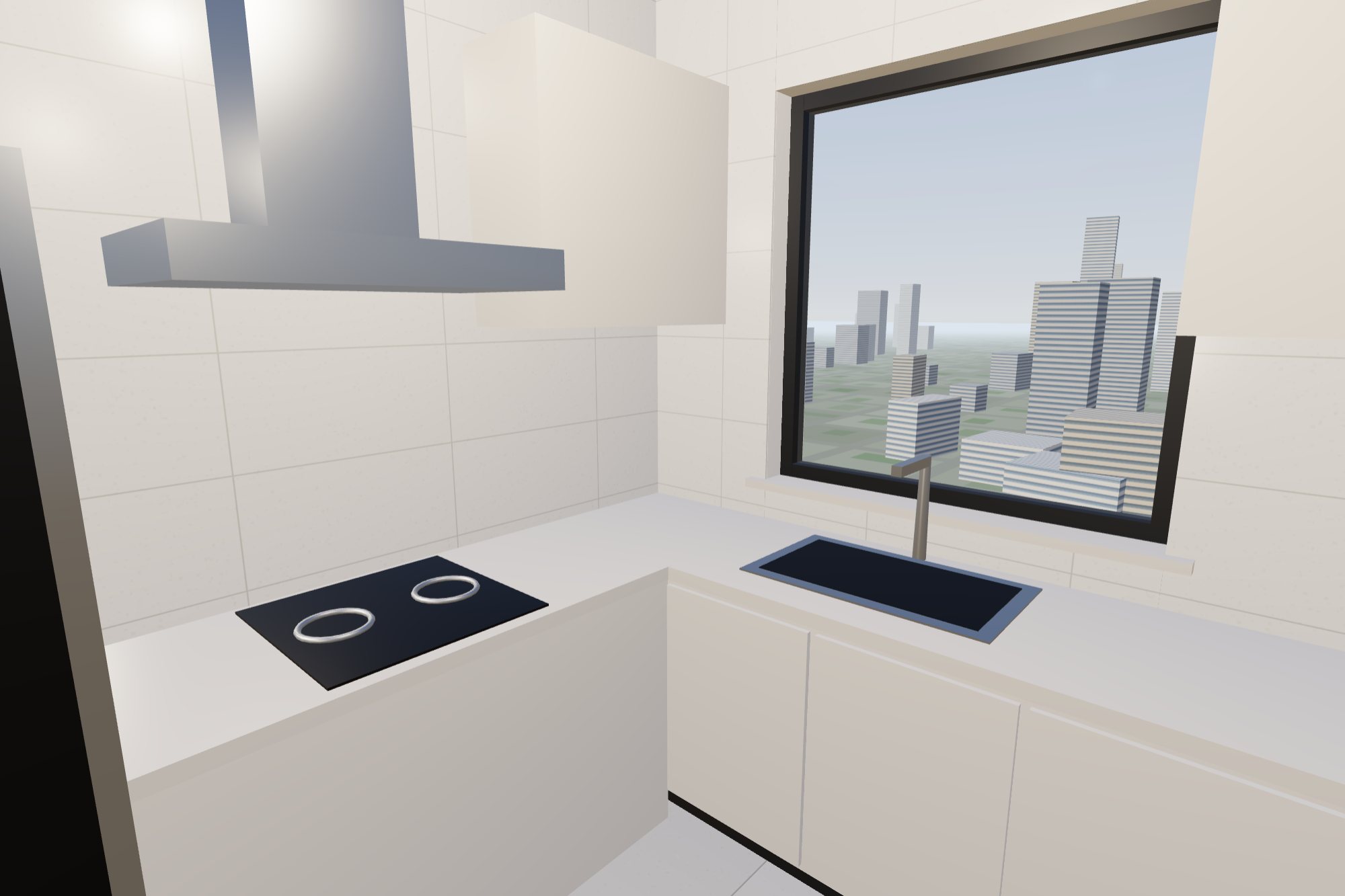 An L-shaped kitchen with white cabinets, a black induction hob under a steel rangehood, a sink under the window, and full-height white wall tiles.