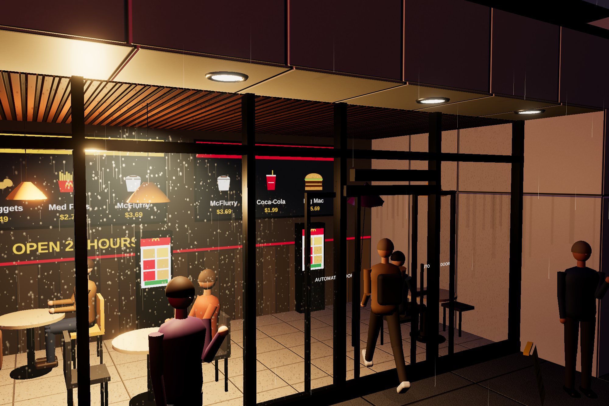 The glazed dining room seen from the entrance in the rain: customers seated at round tables under orange pendant lamps, digital menu boards with prices on the back wall, self-order kiosks, and two people walking up to the sliding doors.