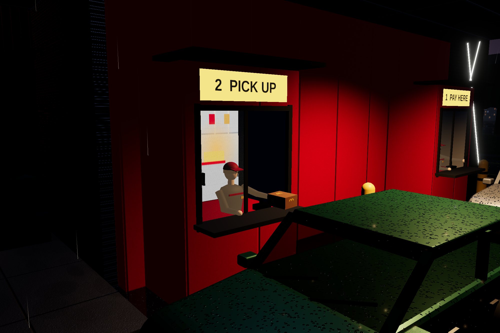 The pickup window at night: a red service booth with a lit '2 Pick up' sign, its window slid open and a crew member in a red cap leaning out to hand a paper bag to the waiting car; the pay window glows further along.