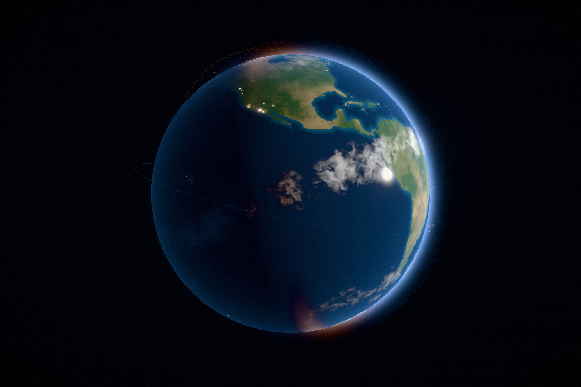 A globe at dusk: the day side shows ocean, desert and cloud, the night side carries city lights, and a blue atmosphere glows along the limb.