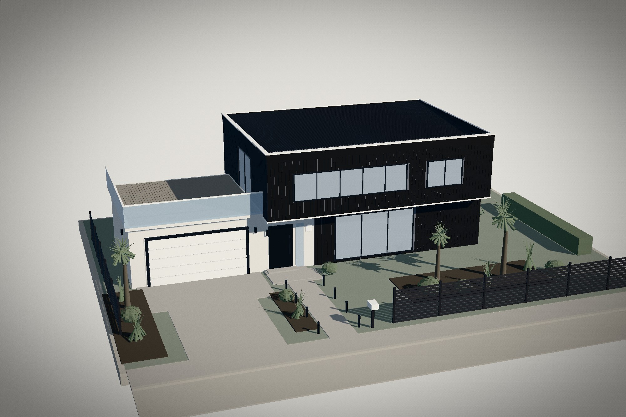 A model of a modern two-storey house: black vertical board cladding, a cantilevered upper floor, a flat roof behind a white parapet, a terrace over the white garage, driveway, slatted fence and cabbage trees, on a pale board.