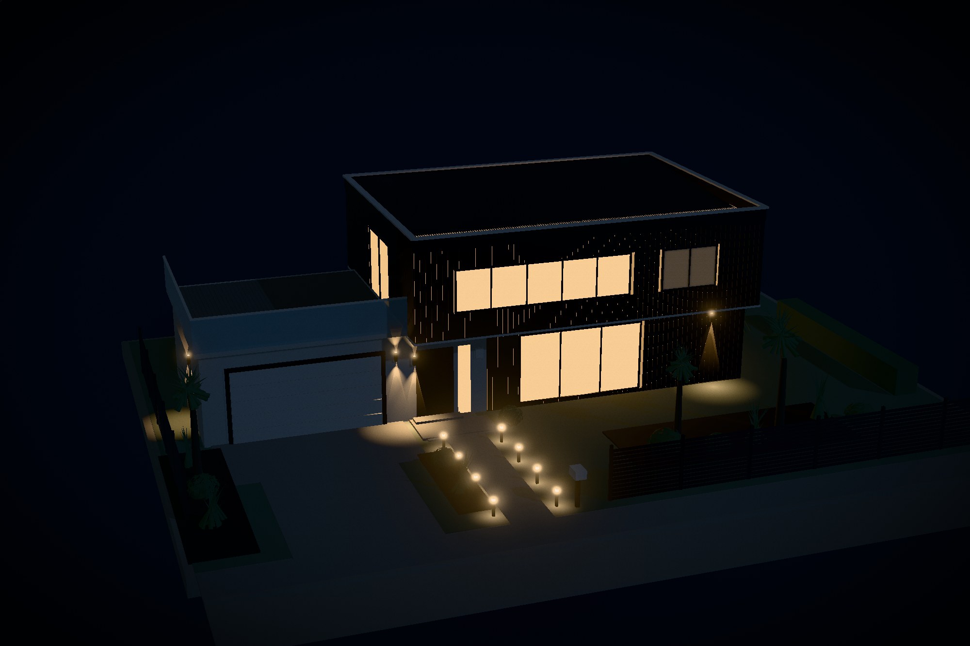 The same model at night: warm lit rooms, wall washers throwing light up and down the cladding, and bollards lighting the path to the front door.