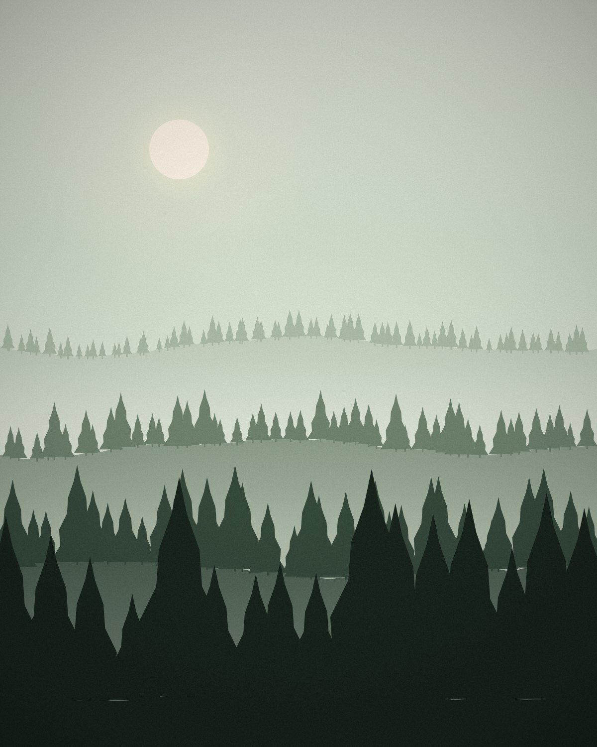 Misty layered hills of pine forest.