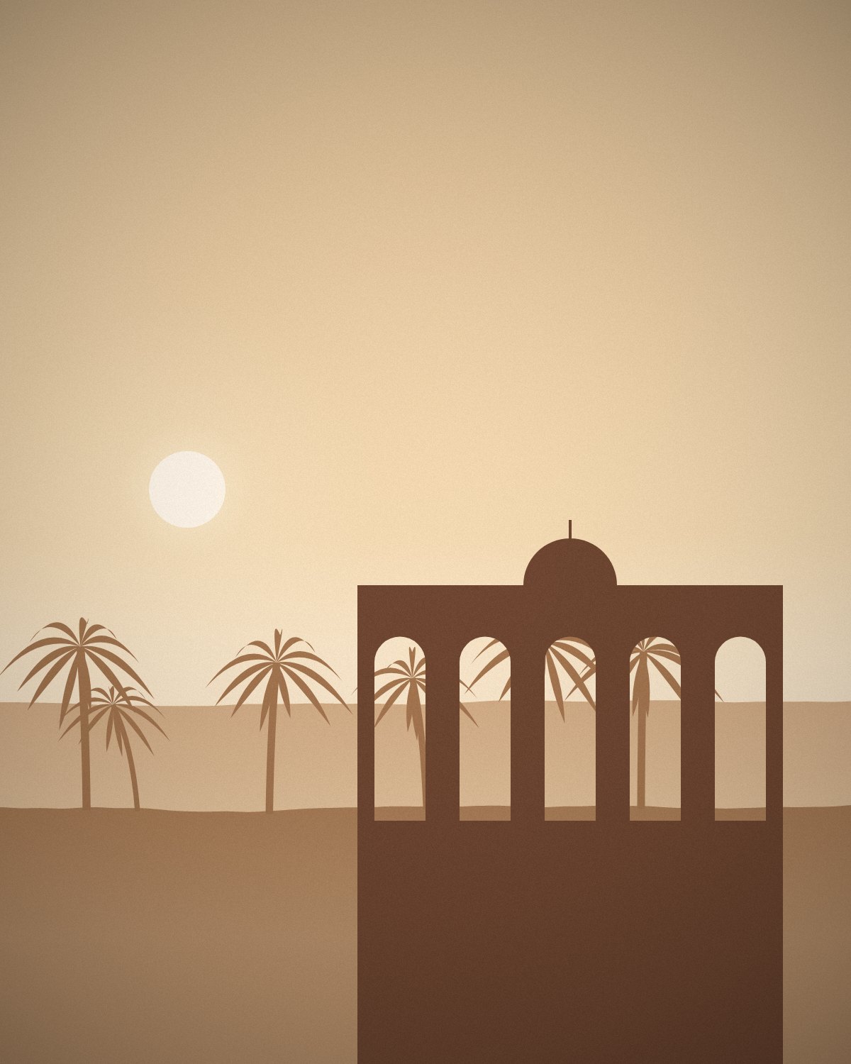 An arched pavilion with a dome, among palms in desert light.