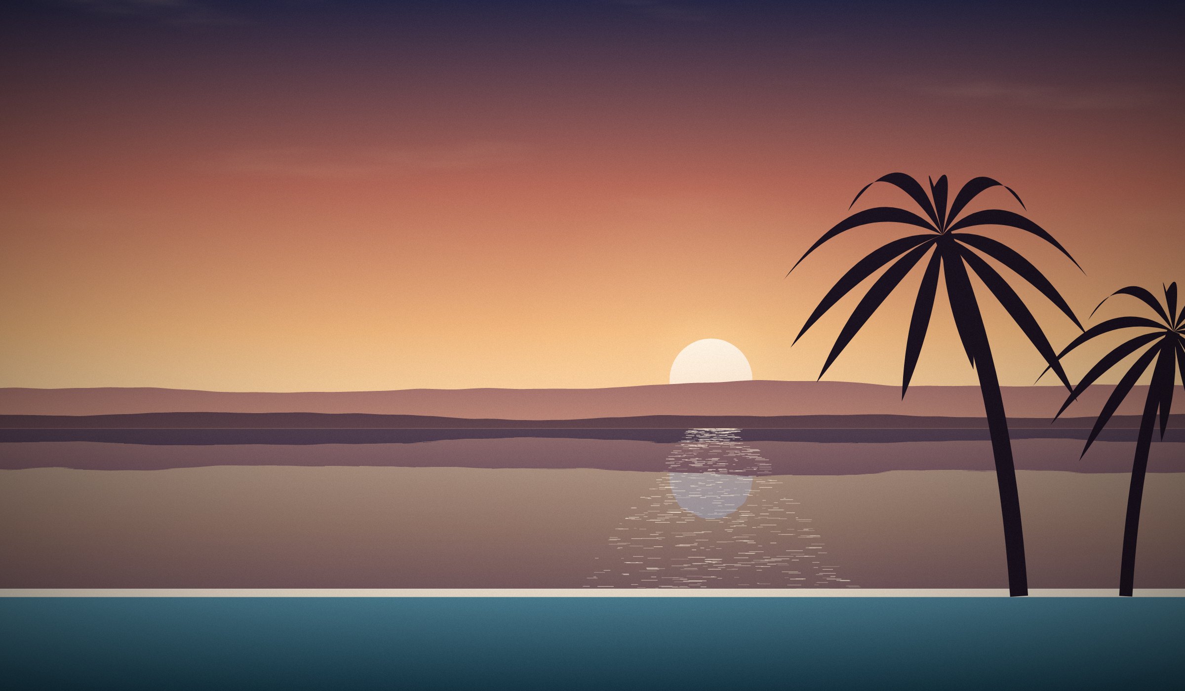 An infinity pool edge at dusk, looking over a still bay to the setting sun between palms.