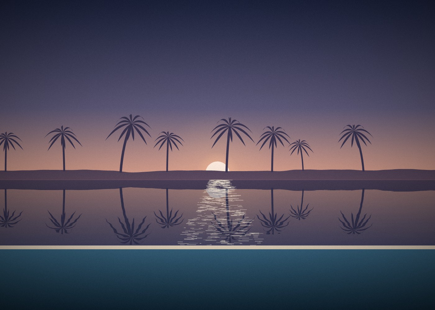 A pool terrace at dusk facing a palm-fringed bay.