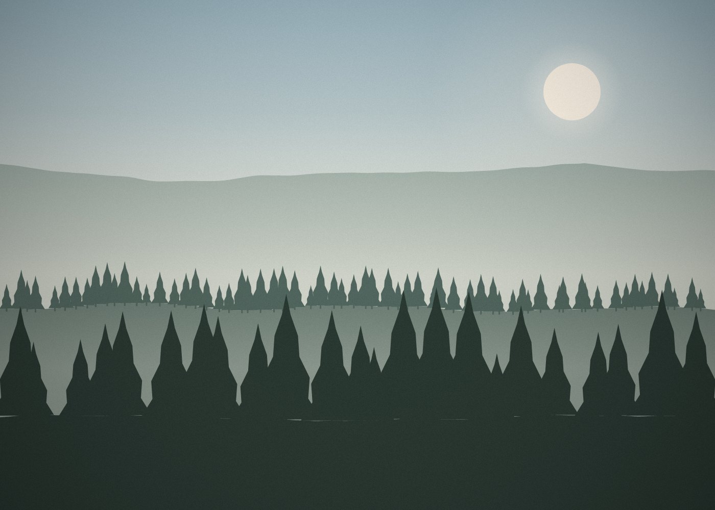 Mountain ridges and pine forest under a pale sky.