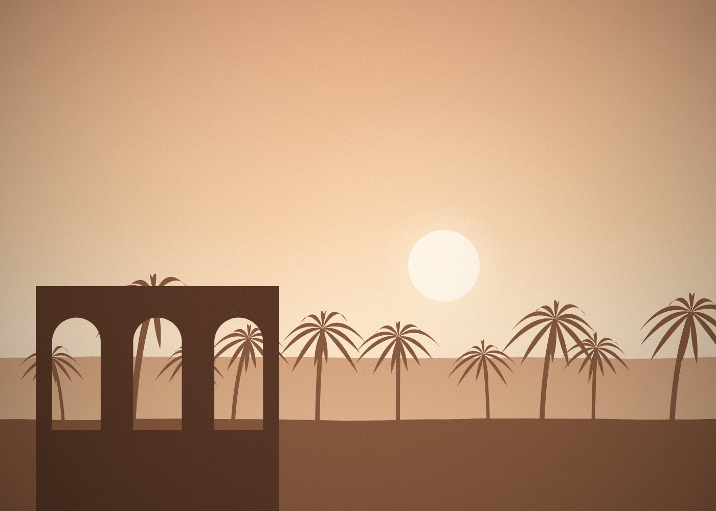 Sandstone arches and palms against a warm sunset.