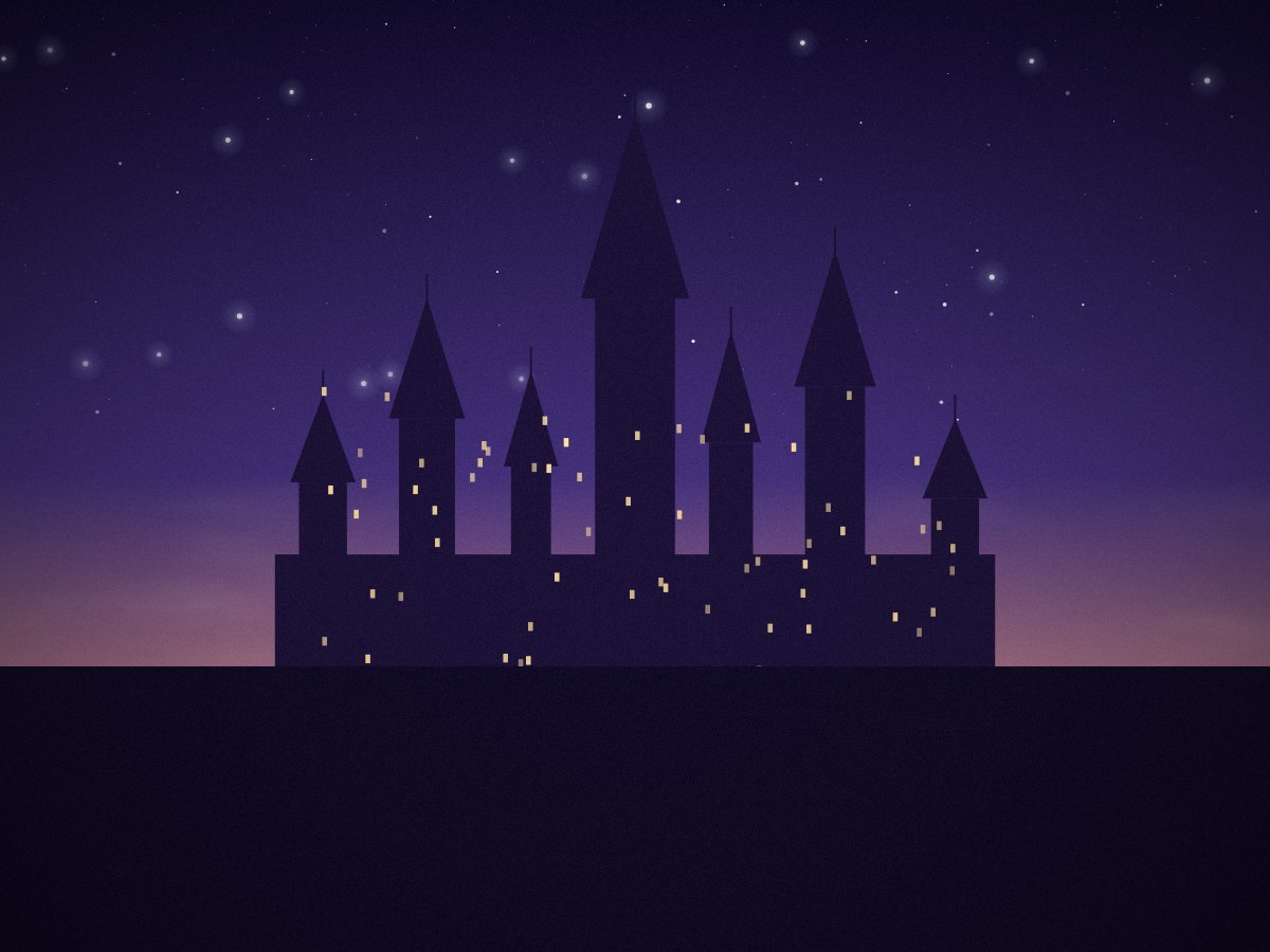 A castle of tall spires against a rose-coloured dusk sky.