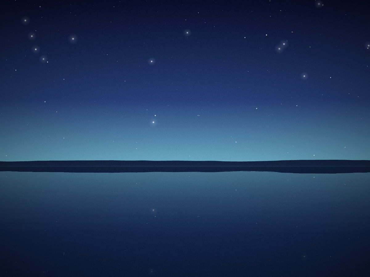A calm harbour under a deep blue starry sky.