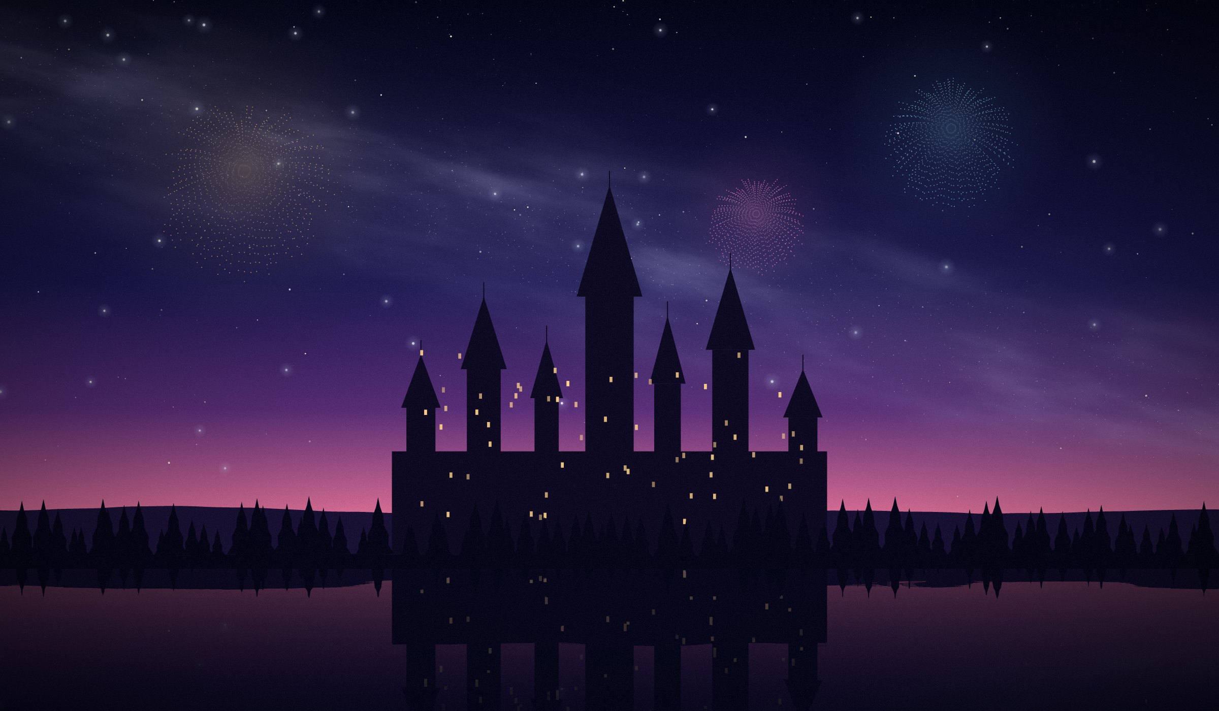 A fairy-tale castle silhouetted against a violet sky full of stars and fireworks, reflected in a lake.