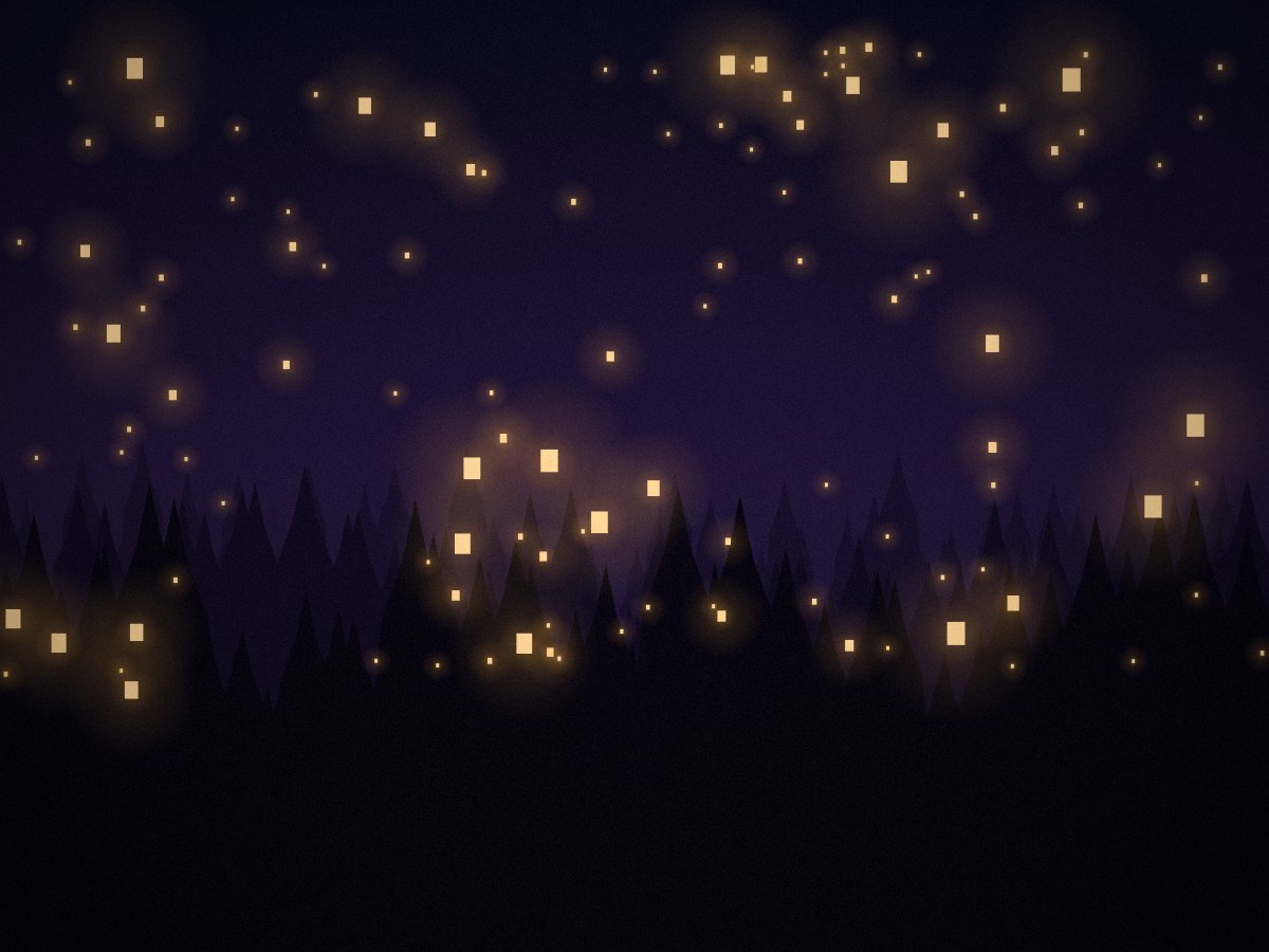 A forest at night filled with hundreds of glowing lanterns.