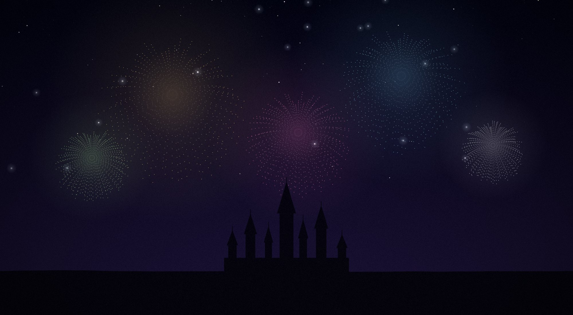 Fireworks in five colours bursting above the castle.