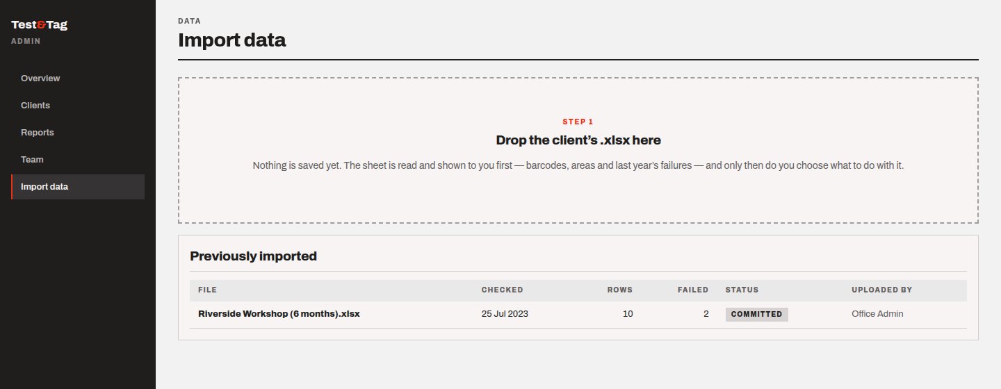 Import: drop the client's .xlsx; nothing is saved until you have seen the parse.