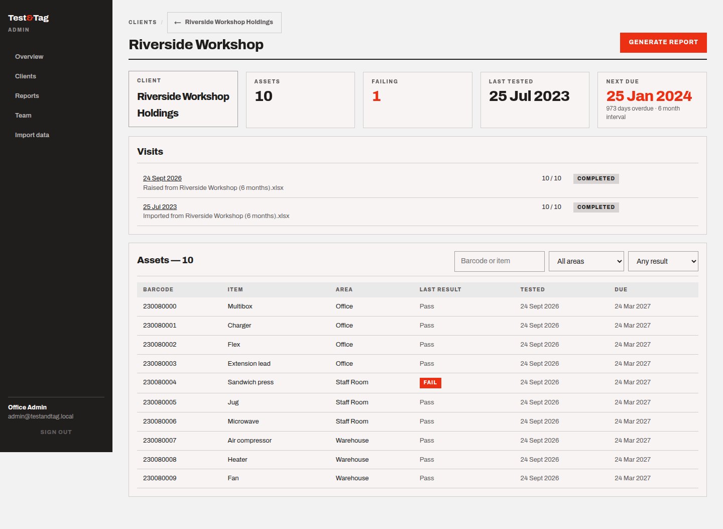 A site register: assets, failures, visits and next due dates.