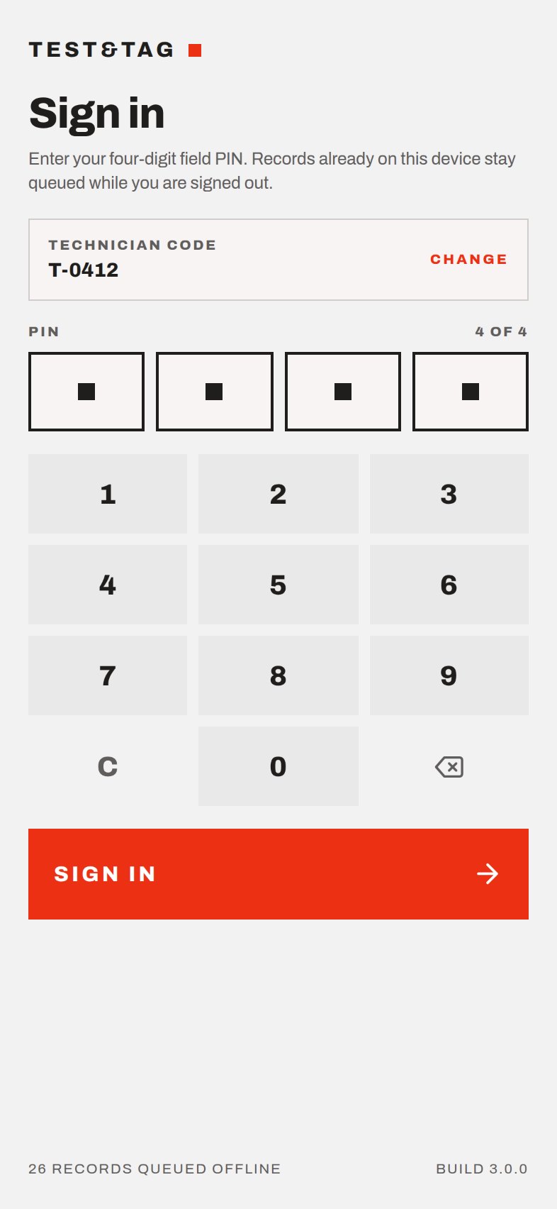 Sign in with technician code and a four-digit PIN.